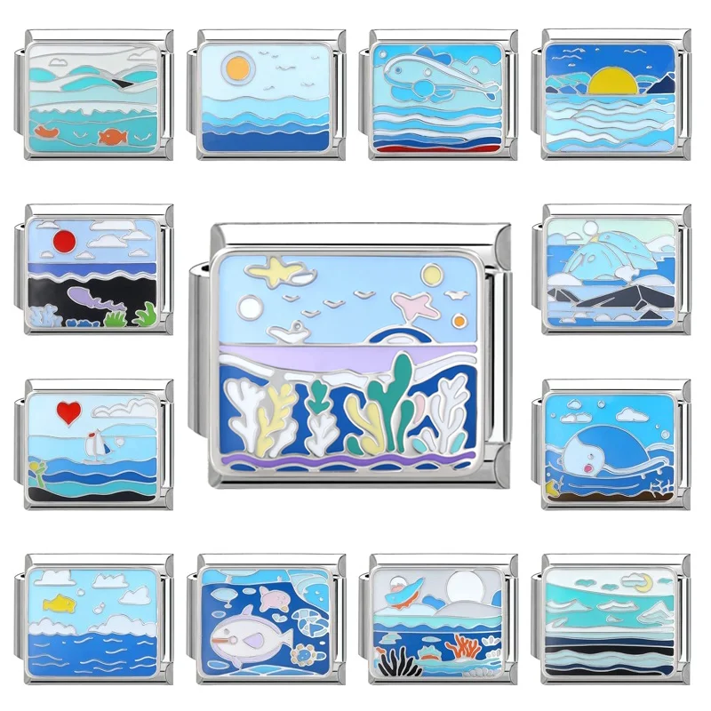 2025 Fashion Mountain Sea Sun Rise Seagrass Fish Sailing Charms Italian Links Fit 9mm Bracelet Stainless Steel Jewelry Making