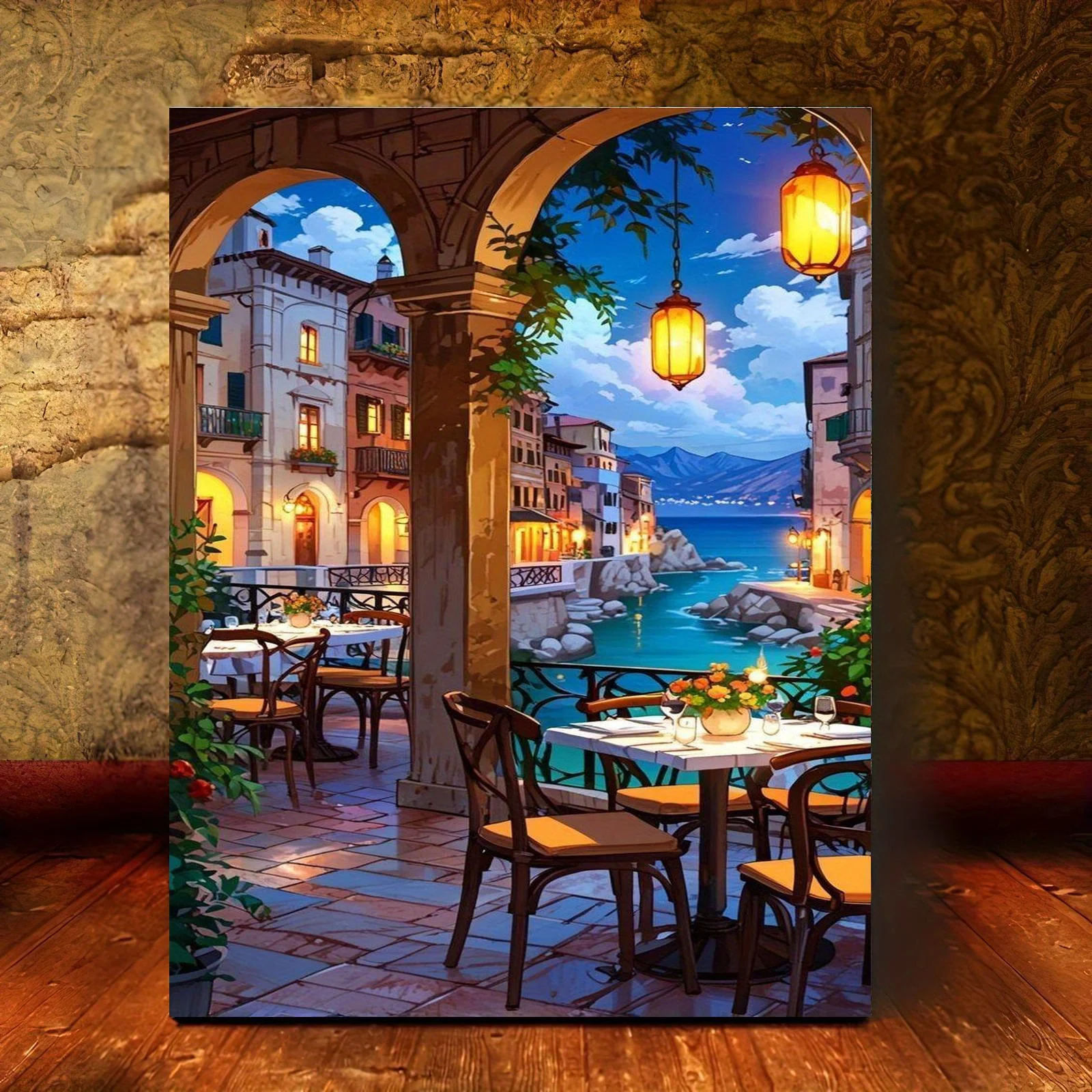 Professional Art Use 1pc Frameless Digital Oil Painting Kit, Mediterranean Style Outdoor Restaurant, Includes Canvas, Acrylic