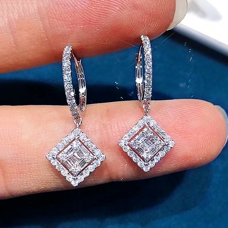 Huitan Luxury Silver Color Dangle Earrings for Women Square Pendant Fashion Bride Wedding Earrings Good Quality Female Jewelry view 2