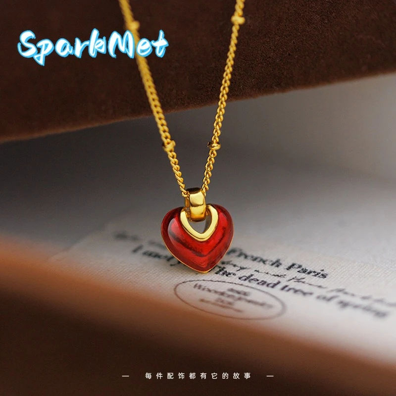 

Sparkmet Women's 9999 24K Real Gold Encore Red Love Necklace Middle-aged Style Niche Light Luxury Unique Enamel Red Love Necklac