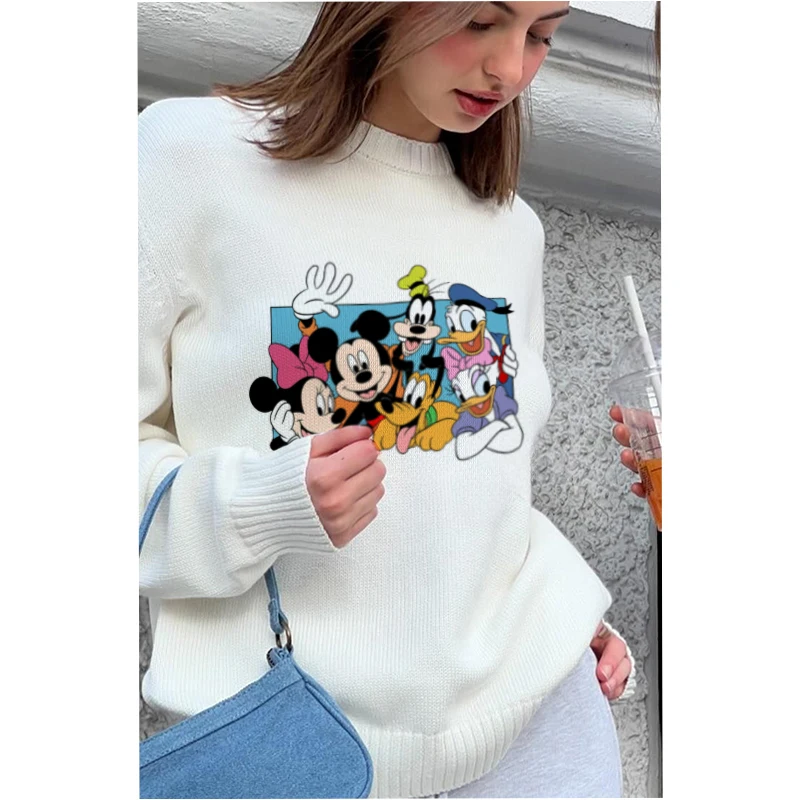 Autumn And Winter NeDisney Mickey Mouse Woman Solid Color White Long Sleeve Fashion Knitted Print Women Vintage O-neck Pullovers