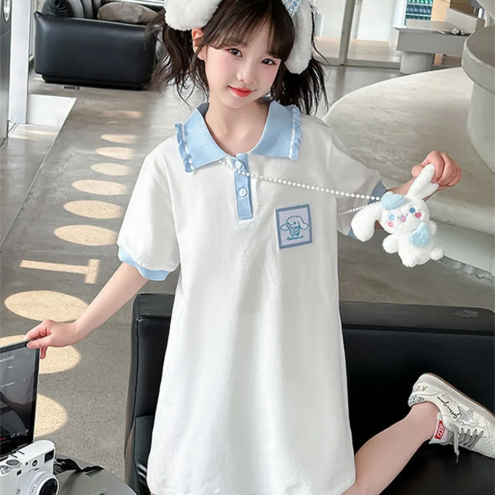 Kawaii Cinnamoroll Kid Dress Sanrio Anime Summer Short Sleeve 2024 New Girl Dress Fashion Cute Clothes