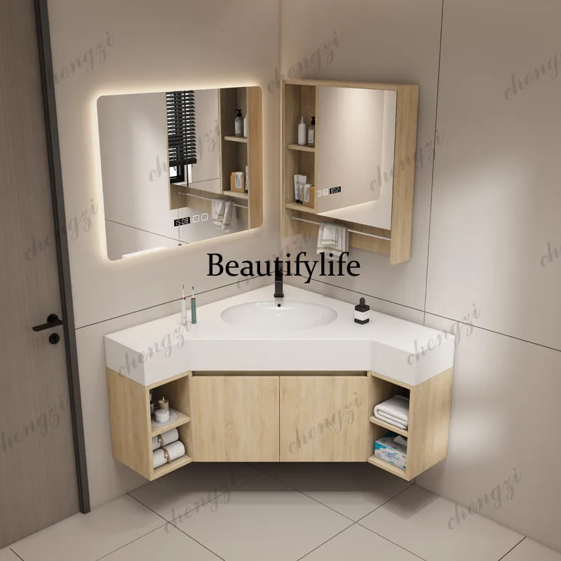 Triangle corner bathroom cabinet custom small apartment special-shaped light luxury solid wood face wash basin combination