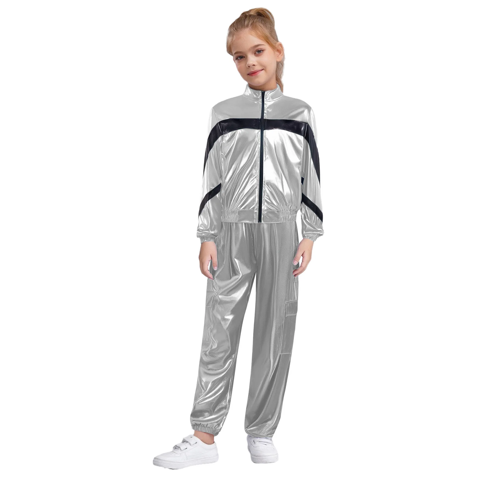 

Boys Girls Hip-Hop Set Long Sleeve Stand Collar Metallic Zipper Jacket with Pants Jazz Street Dance Costume Skateboarding Suits