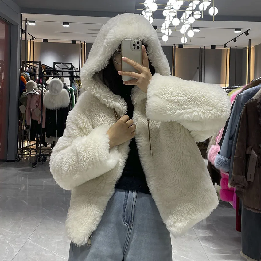 JANEFUR Damen Winter Warmer Mantel Echtpelz Wolle Lammfell Mantel Mode Weiß Niedlich Flauschiger Stil JFB9-25014