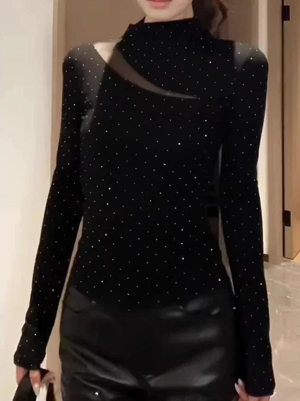 

plus Size T-irt Women's Long Sve Me Splice Hollow out Rhinestone f High Collar Spring Inner Wear Top Breathable Ski...