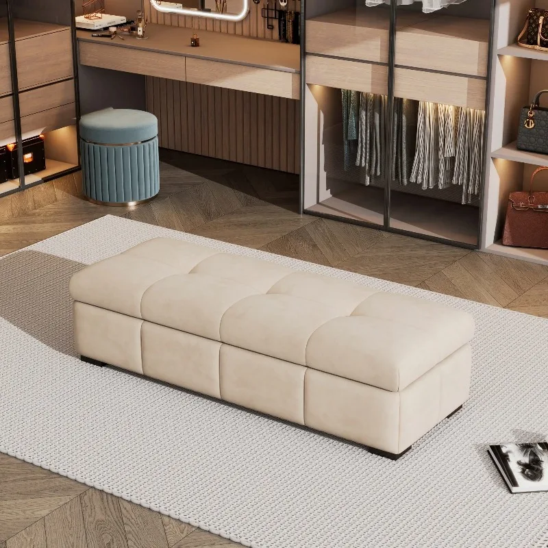

Modern Cream Storage Ottoman Stool - Multi-Function Shoe Bench Bedside Seat, Long Footrest with Storage for Bedroom, Living Room