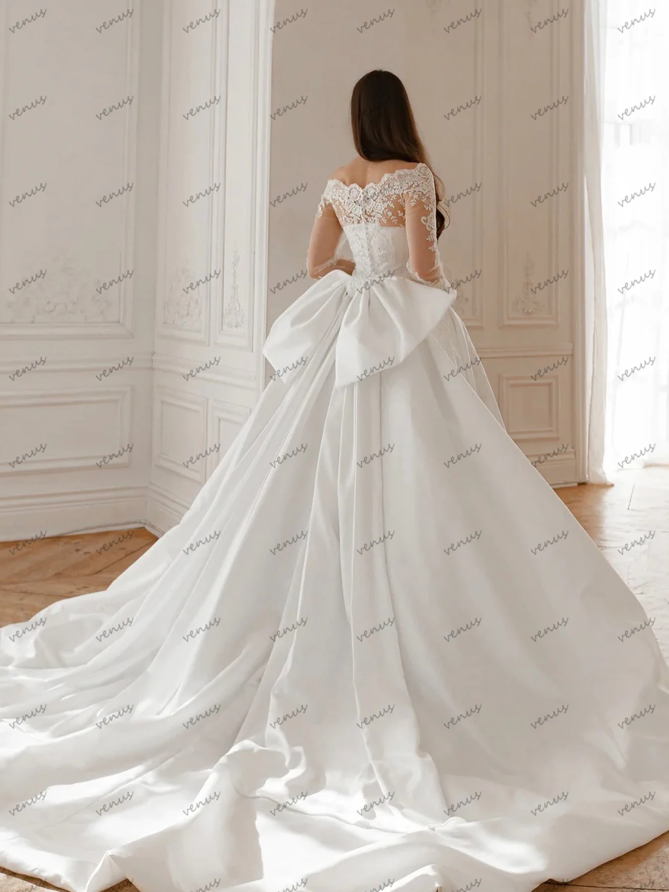 Vestidos de casamento elegantes, vestidos de noiva vintage, apliques de renda, uma linha, roupões de princesa, mangas largas, vestidos de novia personalizados