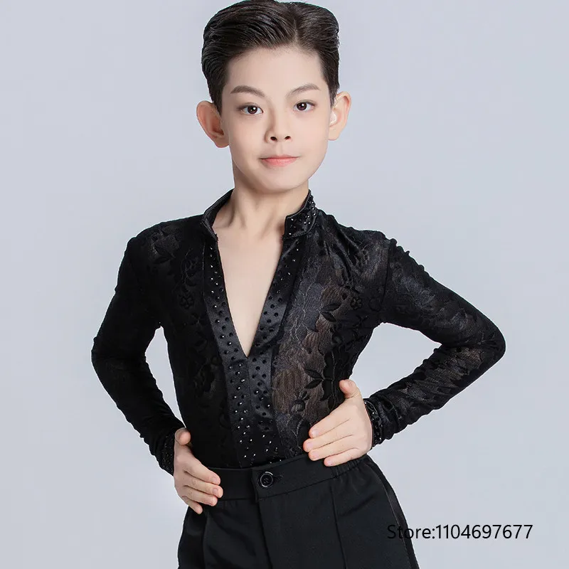 

Новые модные костюмы для латиноамериканских танцев 2026 года для мальчиков: черные рубашки с длинным рукавом и V-образным вырезом для бальных танцев, ча-ча-ча, латины, тренировочная одежда для танцев