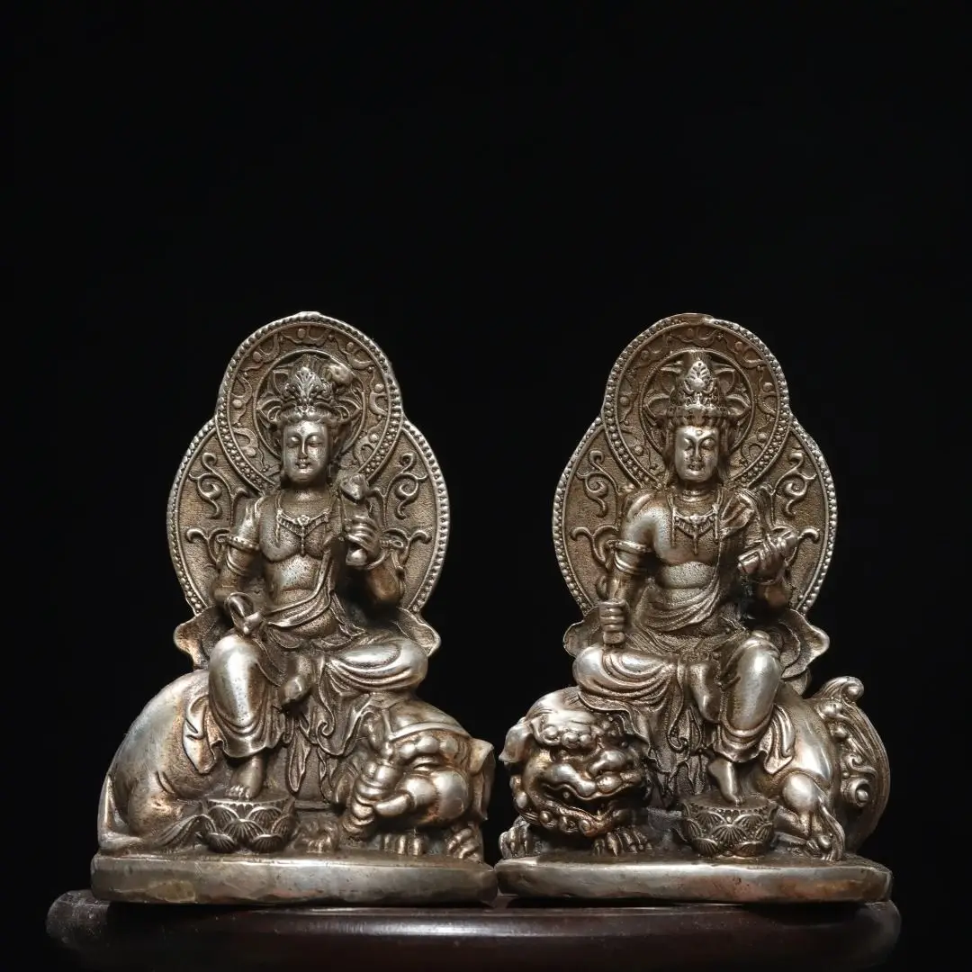 Antique Silver Manjushri Samantabhadra Bodhisattva Statue Tibetan Buddhist Sitting Buddha Figurines for Altar Worship Home Decor