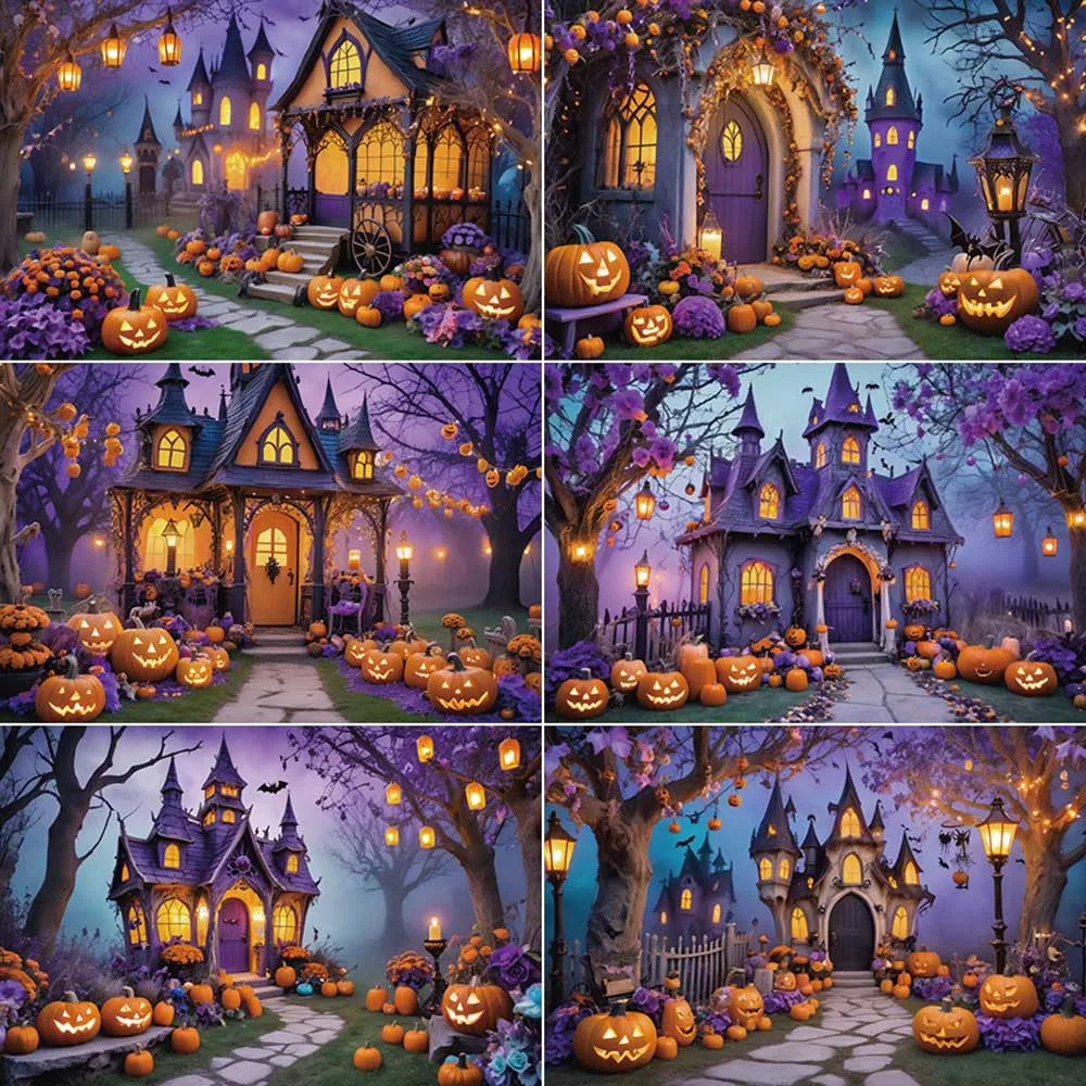 

MOON.QG Purple Halloween Garden Photography Backdrop Castle Fence Flowers Photo Studio Background Outdoor House Shooting Props