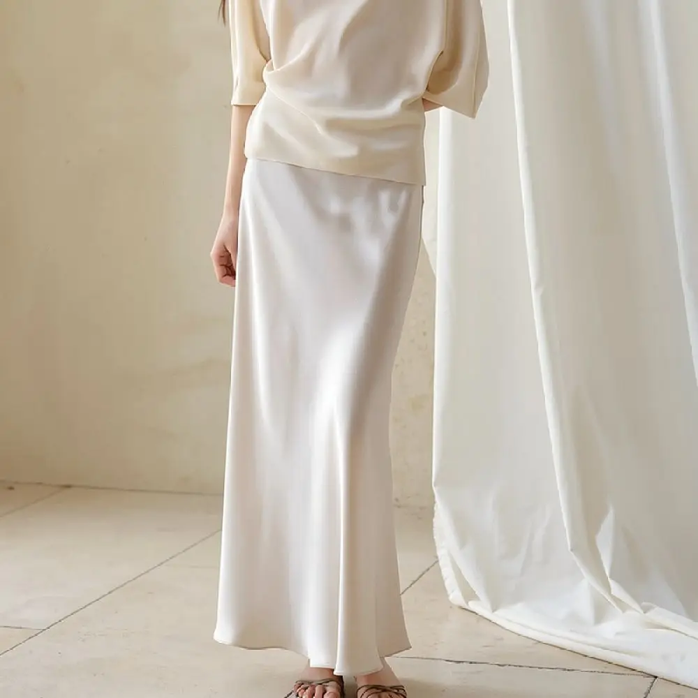 Luxury Triacetate Satin Maxi Skirt Water Ripple Texture Fluid Fit Bias Cutting Stylish Youth Casual Soft Long Skirt