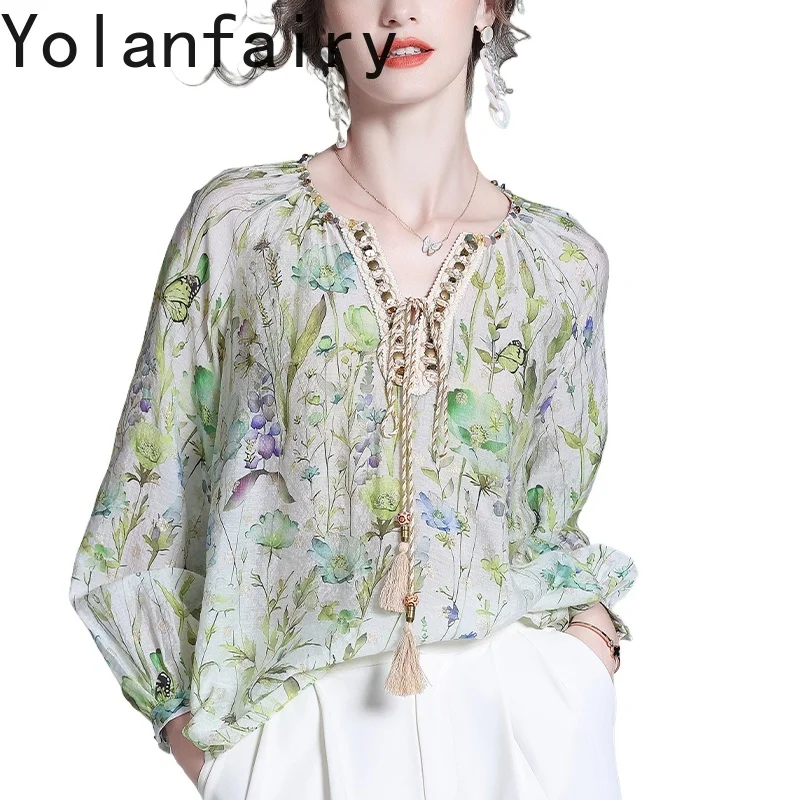 

YOLANFAIRY 72.1% Viscose 27.9% Nylon Blouses for Woman Elegant Long Sleeve Shirts Gentle Sweet Floral Ladies Tops and Blouses