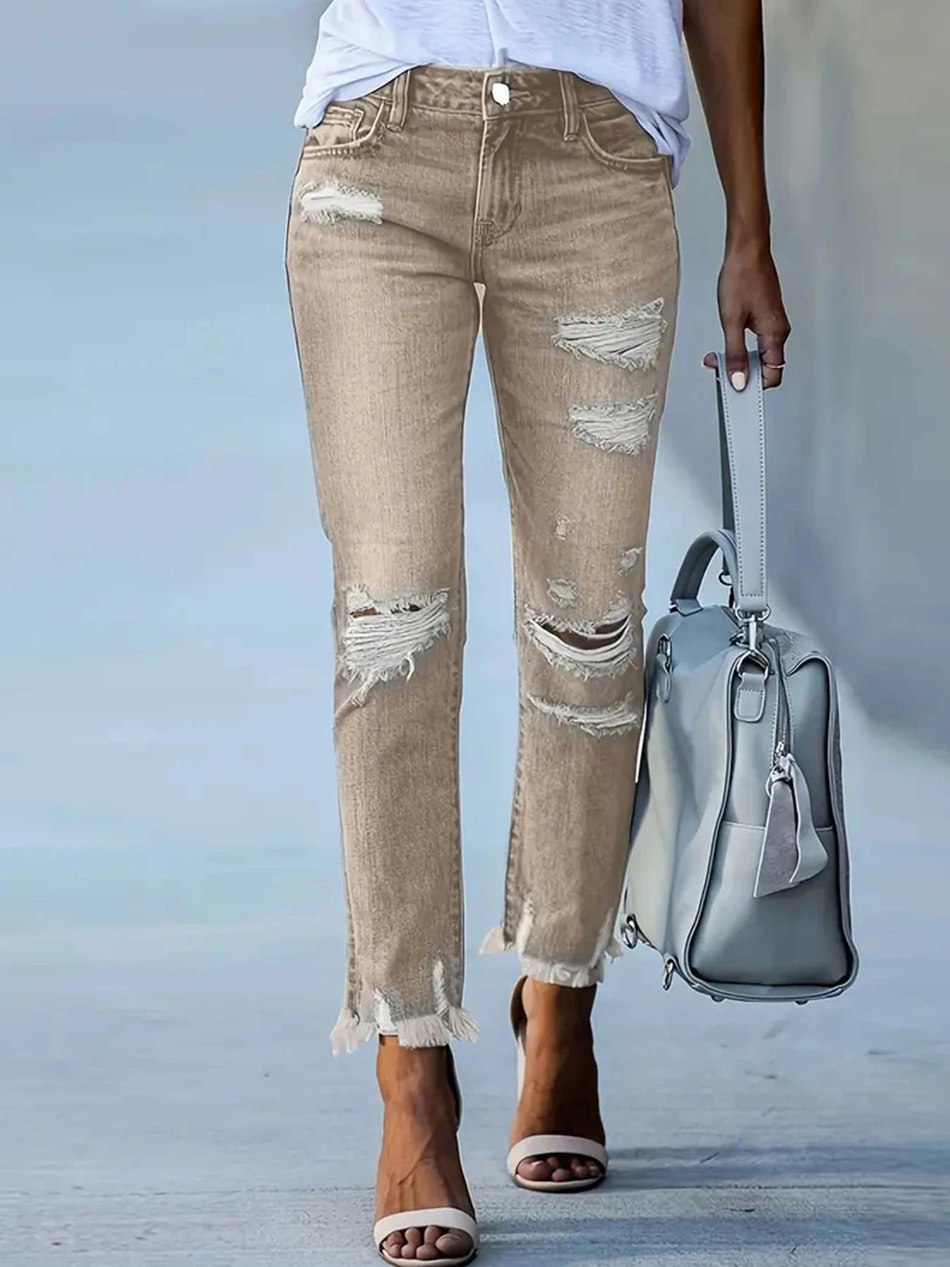 

Женские эластичные потертые джинсовые укороченные брюки в стиле ретро, уличный стиль, подходят для повседневного ношения