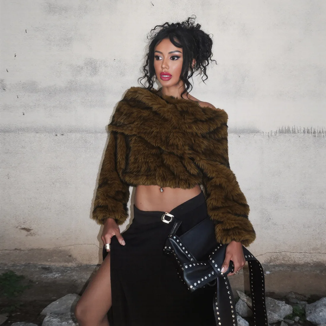 

2025 New Winter Warm Furry Sweater Woman Y2K Luxury Patchwork Trend Skew Collar Full Sleeve Streetwear Wild Skinny Crop Top