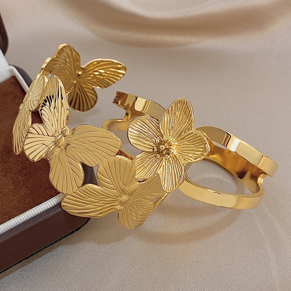 Elegant Large Flower Butterfly Splicing Stainless Steel Open Bangle for Women Golden Waterproof Wide Bracelet Charm Jewelry Gift