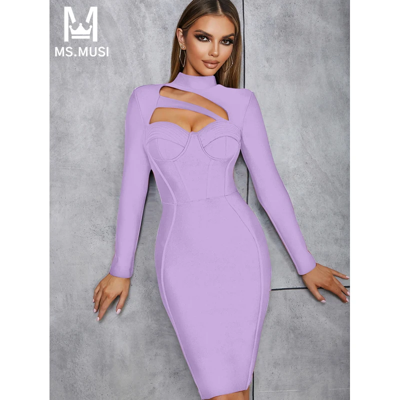 

MSMUSI 2024 New Fashion Women Sexy Solid Corset Hollow Out Long Sleeve Bandage Bodycon Party Club Event Slim Midi Dress Vestidos