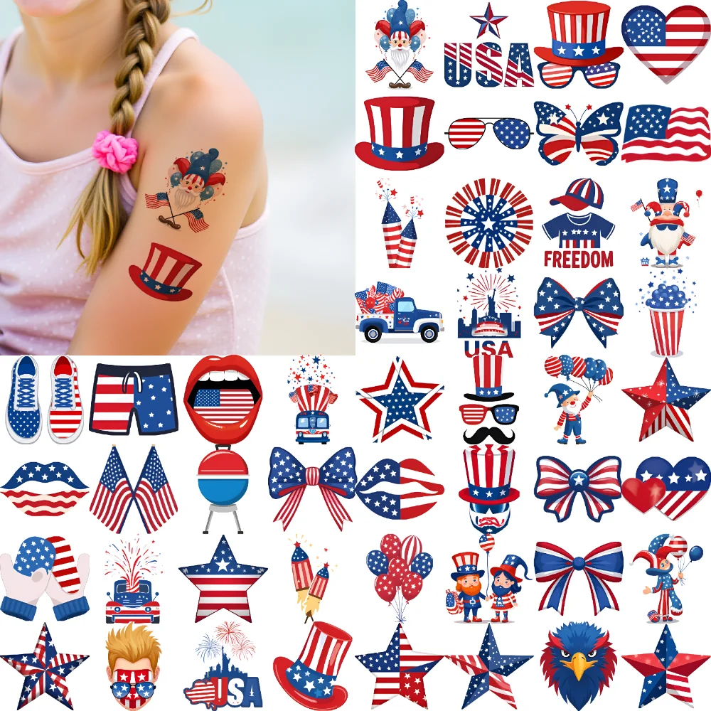 

63pcs Temporary Tattoo Waterproof Long-lasting Body Stickers Top Hat Bow Ties Liberty Bell For Boys Shoulders Children
