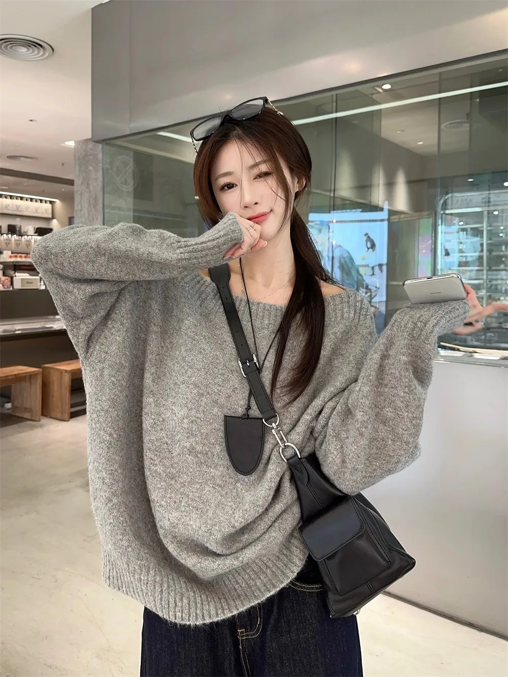

Retro Lazy Loose Fit ey One-oulder Knitwear Women's Spring Autumn Outerwear Soft Long-Sve Crew Ne Top