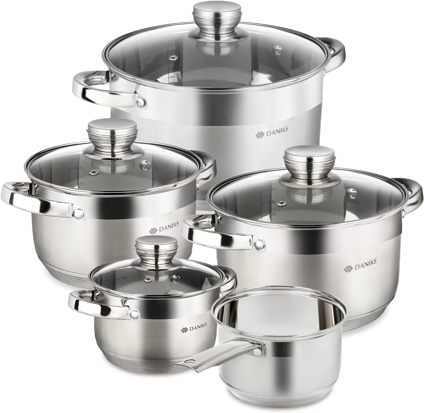 

Standard 9-Piece Stainless Steel Induction Cookware Set, Saucepan, Dishwasher Safe Pots, Measuring Scale, Glass Lids, For Soup,