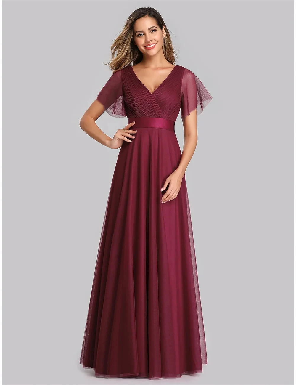 

Elegant A-Line Bridesmaid Dress 2024 Wedding Party Dress V-Neck V-Back Short Sleeve Floor Length Chiffon with Pleats Ruched