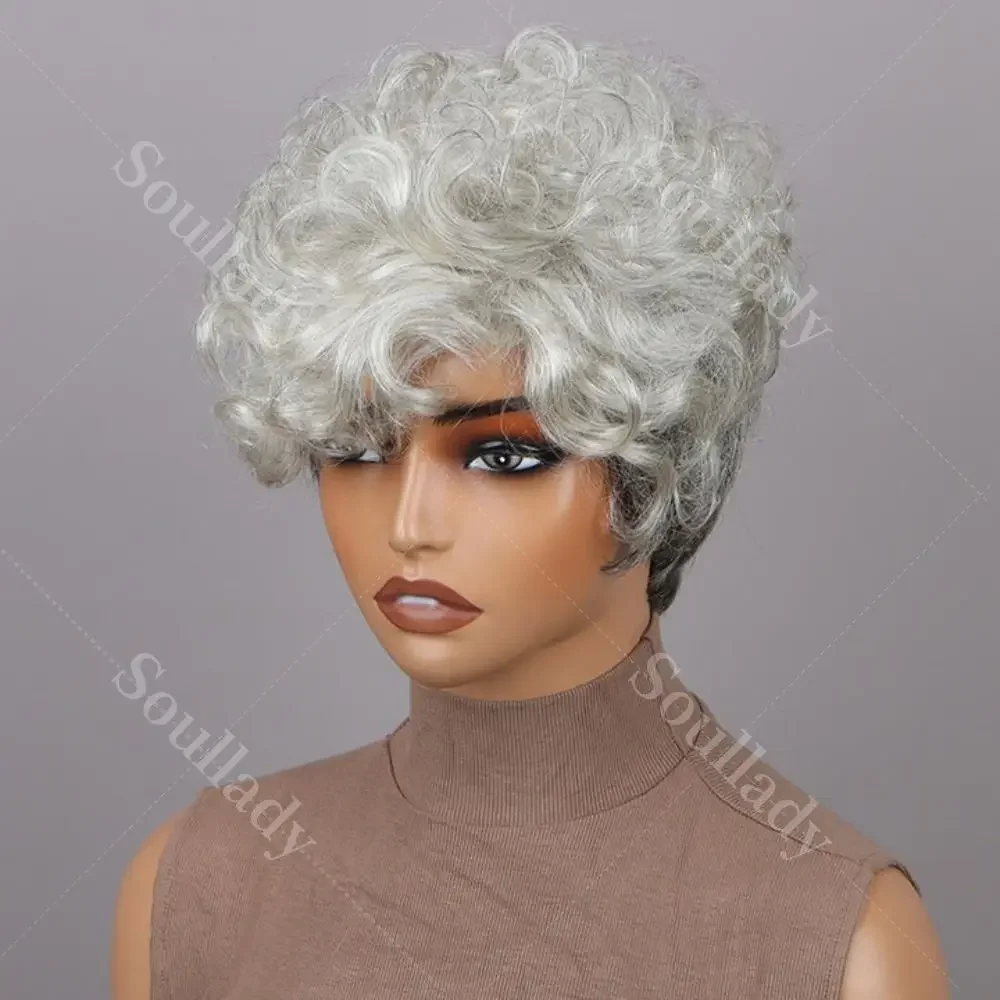 

LULUCHIC Короткие вьющиеся серебристо-серые многослойные парики с стрижкой пикси Светлый соль и перец человеческие волосы Бесклеевой парик Бразильский для женщин