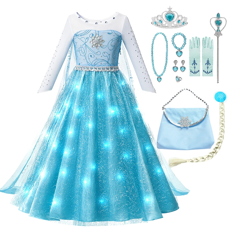 Vestidos Cosplay Femininos com Luz LED, Frozen 2, Rainha da Neve, Elsa, Festa, Vestido de Baile, Roupas Robe Play, Vestidos de Princesa, Meninas, 2020