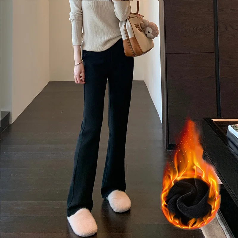 سراويل نسائية صغيرة متوهجة من الصوف لعام 2025 سراويل خريف وشتاء كلاسيكية متعددة الاستخدامات سراويل نسائية عالية الخصر للتخسيس سراويل سوداء