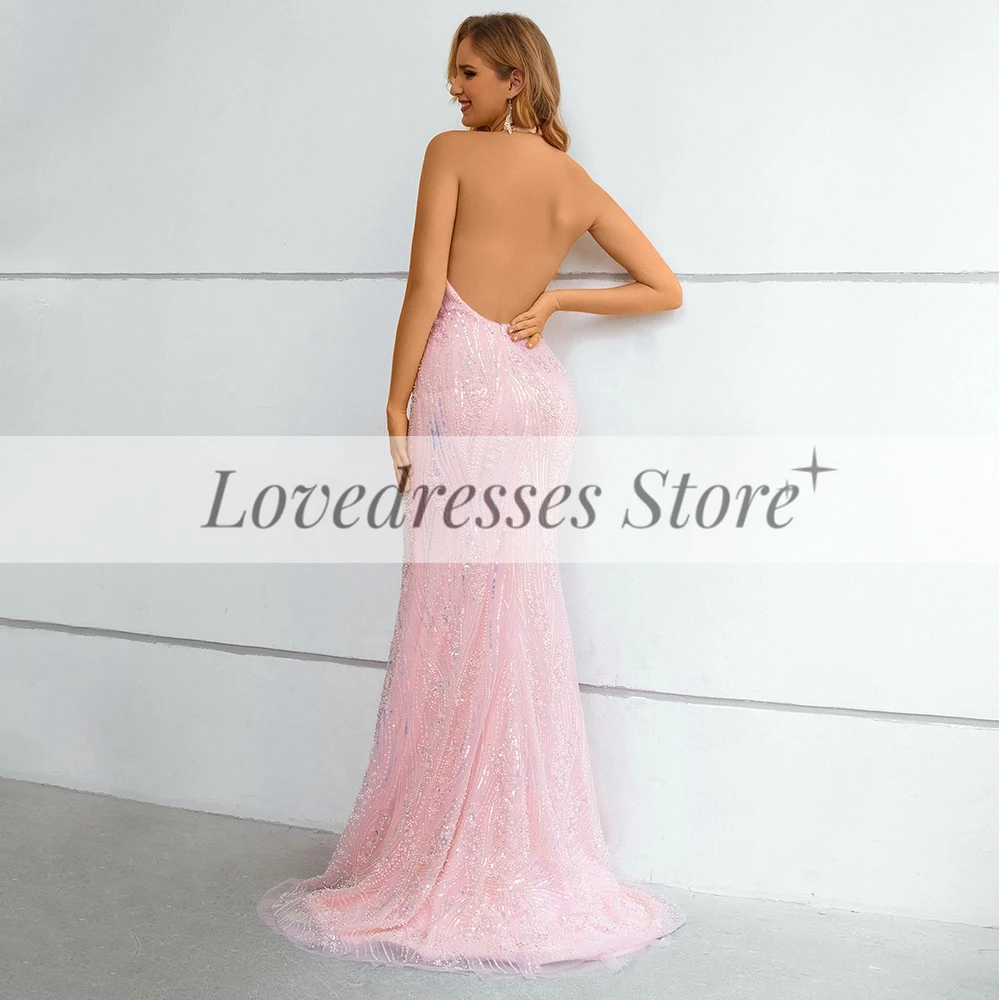 Customized Exquisite Pink Mermiad Backless Evening Party Dress with Beading Sequins Floor Length Sleeveless Lace Prom Gowns Robe