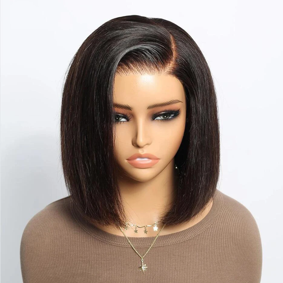 Preplucked 180 Density Glueless Black 14 inch Soft Short Cut Bob Straight Lace Front Wigs For Women Daily Cosplay Middle Part