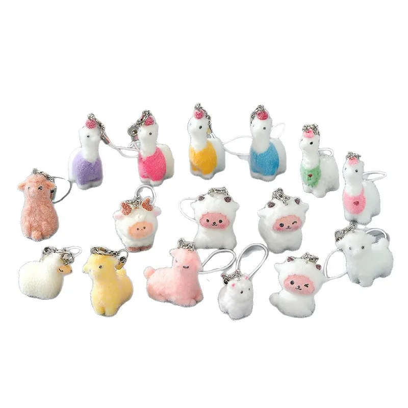 Flocked Alpaca Keychain Secure Plush Sheep Mobile Chain Cute Plush Keychain Fuzzy Resin Animal Keyring For Backpack Purse Keys