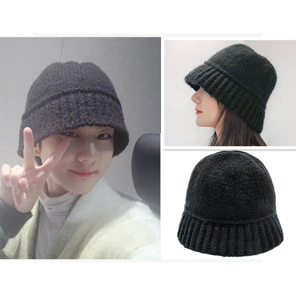 KPOP Knitted Woolen Hat Slimming Fisherman Hat Black Shaggy Bucket Hat Autumn Winter Solid Color Couple Hat