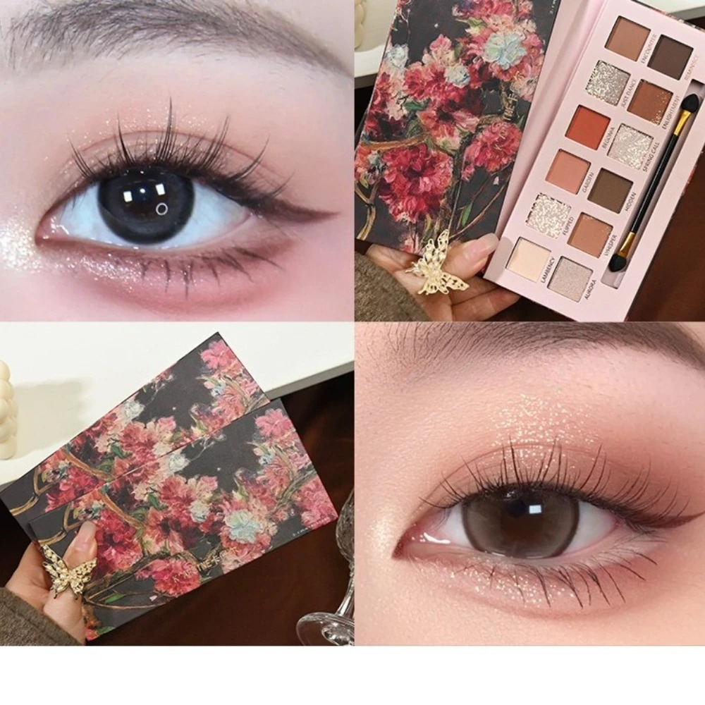 베고니아 플라워 글리터 아이 섀도우 팔레트 (메이크업 미러 포함) 진주 빛 매트 쉬머 안료 누드 오래 지속되는 아이 섀도우 메이크업
