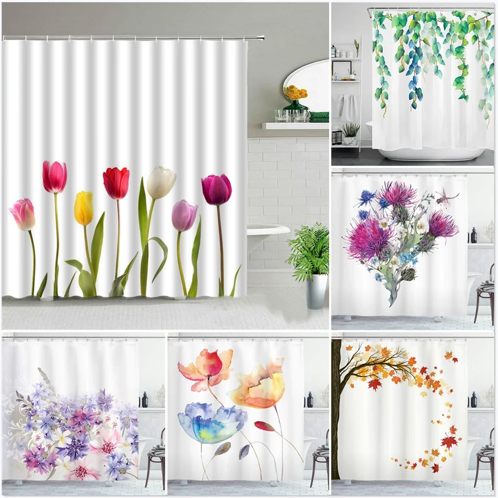 

Watercolor Multicolor Tulip Thistle Poppy Eucalyptus Maple Leaf Multiple Floral Pattern Print Shower Curtain Waterproof Anti Mil