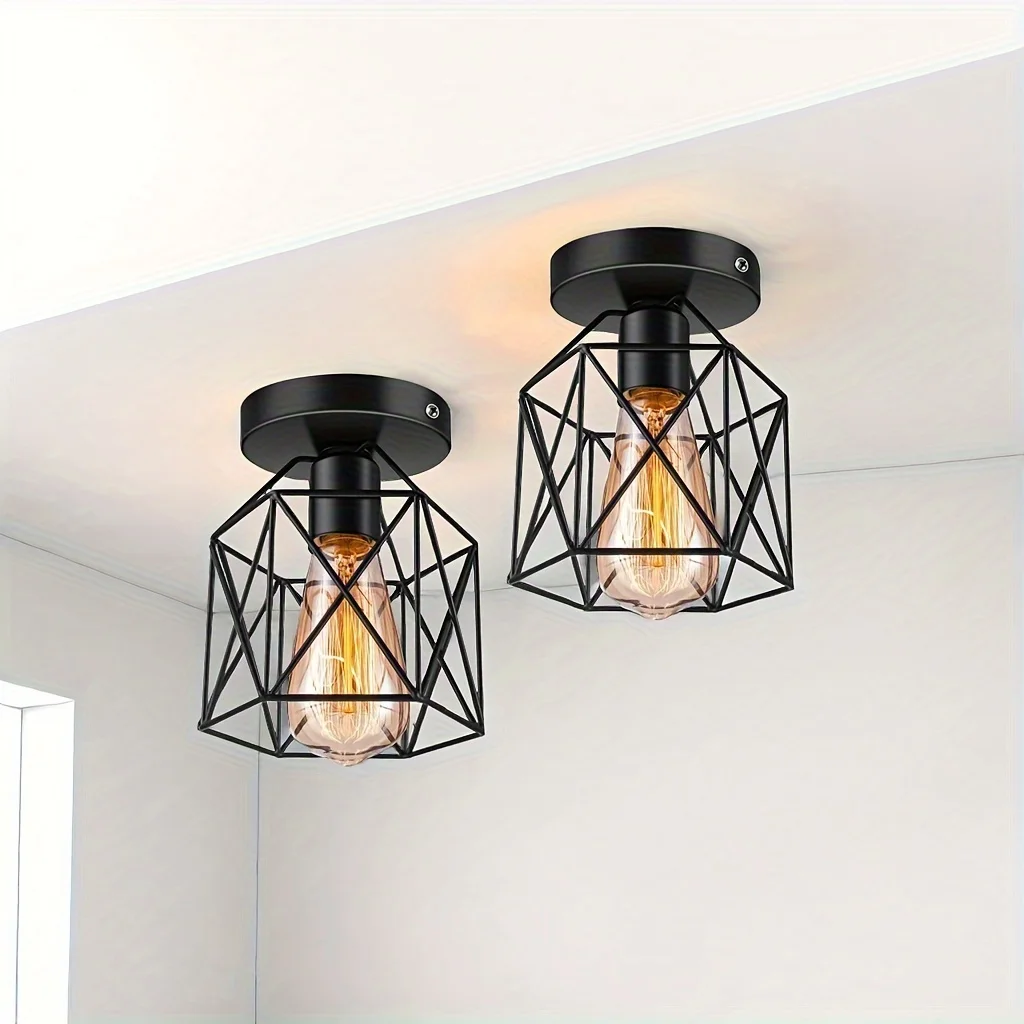 ضوء السقف E27 الحديد مصباح الجسم أضواء الإضاءة الداخلية للممر غرفة نوم خمر السقف قفص معدني تركيبات أضواء 110-240 فولت #1