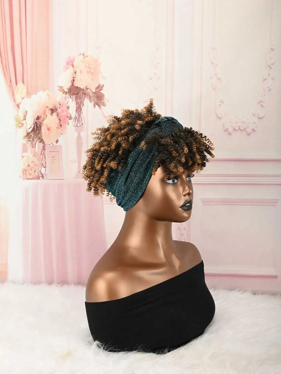 Headband Wig Curly Headband Wig With Bangs For Women Synthetic Afro Curly Hair Wig With Headband Attached Short Kinky