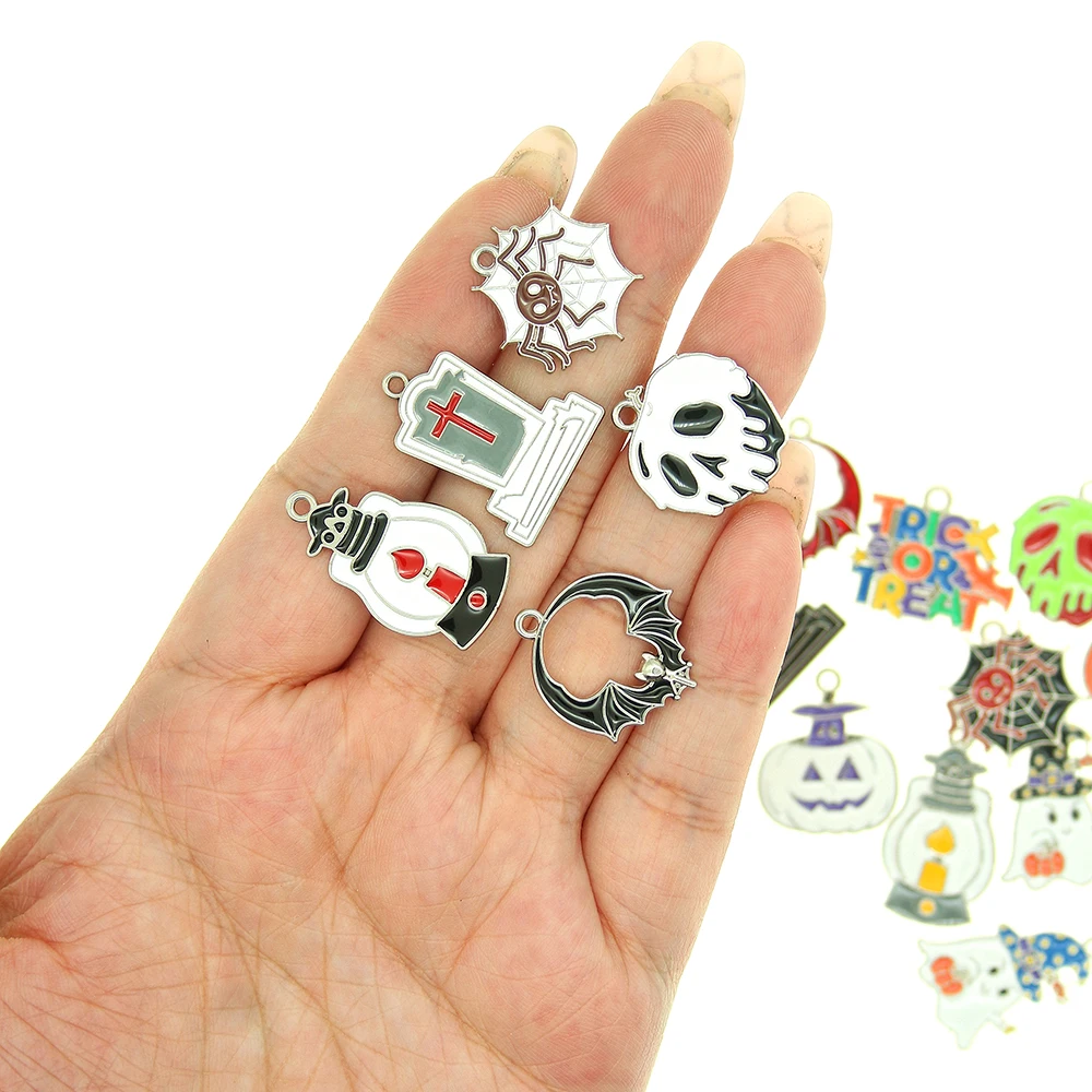 10pcs Halloween Enamel Sliver Charm Tombstone Oil Light Bat Skeleton Ghost Pumpkin Pendant for DIY Jewelry Making Trick or Treat