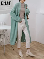 [EAM] Green Elegant Big Size Knitting Cardigan Sweater V-Neck Long Sleeve Women New Fashion Tide Spring Autumn 2024 1DH6452