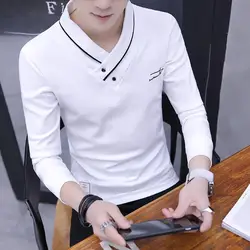 Men's Autumn Winter New Trend Slim V Neck T Shirts Long Sleeve Solid All-match Youth Korean Tops Tees Fashion Casual Men Clothes