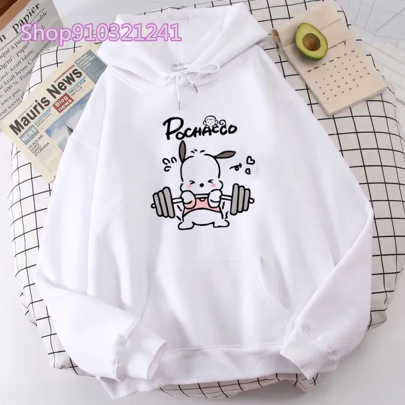 Autumn Pochacoo Print Hooded Women Pullovers Cartoon Casual White Loose Long Sleeve Oversized Hoodies Basics Women Sweatshirt