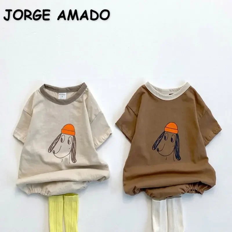 Korean Style Summer Baby Wear Girl Boy Girl Bodysuit Round Collar Beige Cartoon Cotton Thin Jumpsuit Child Clothes E1980