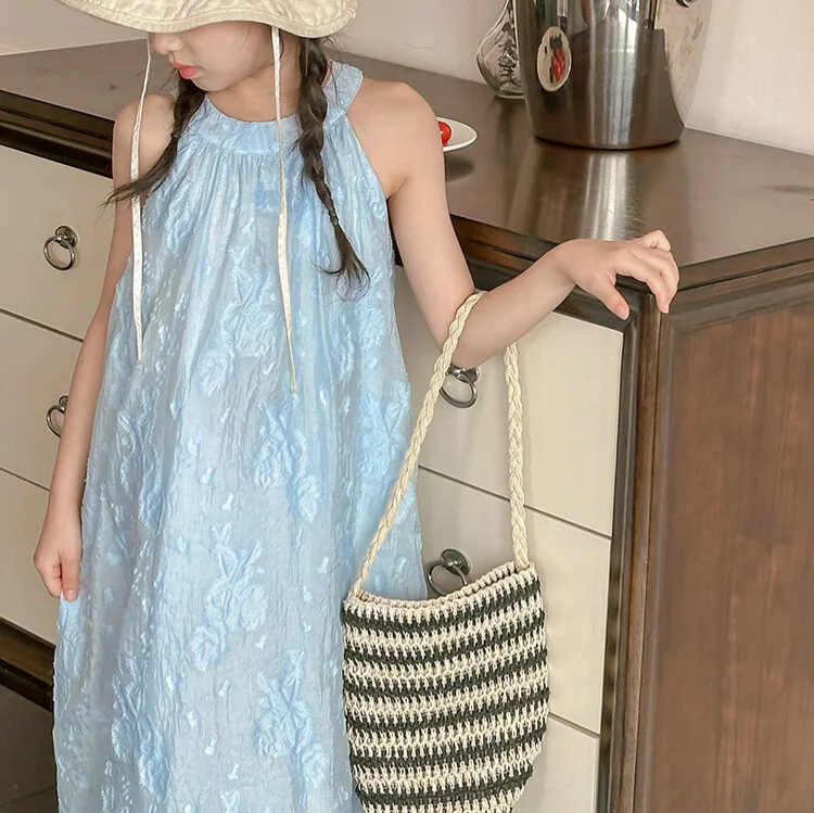 Baby Girl Dress Children Clothing Women Big Children 2024 Summer Sweet Jacquard Sleeveless Halter Fashion Comfort Casual Dresses