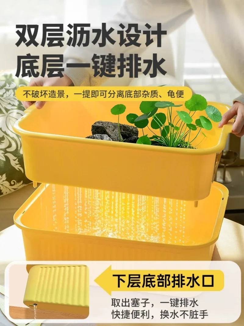 Double-Layer Filter Turtle Tank,Ecological Terrarium with Green Plant Landscape,Desktop Fish-Turtle Separation Box,Home Turtle