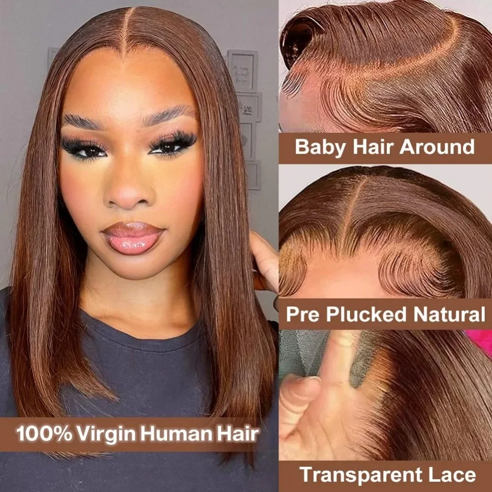 Brown Straight Wigs Human Hair 13x4 HD Glueless Lace Frontal Wigs for Black Women Chocolate Brown Wig Natural Hairline 16 Inch