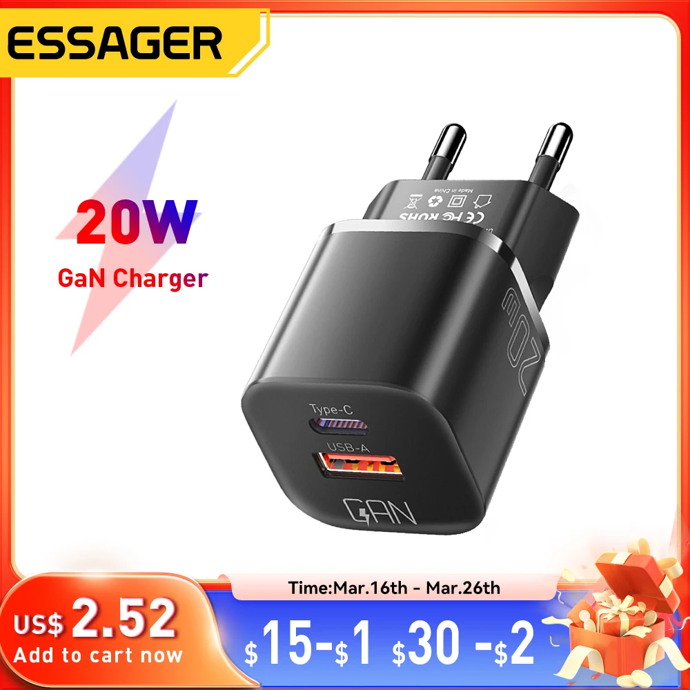 Essager 0W GaN USB C Charger QC 3.0 PD Fast Type C Charger For iPhone 15 14 13 Pro Max Xiaomi Samsung Type C Mini Phone Charger