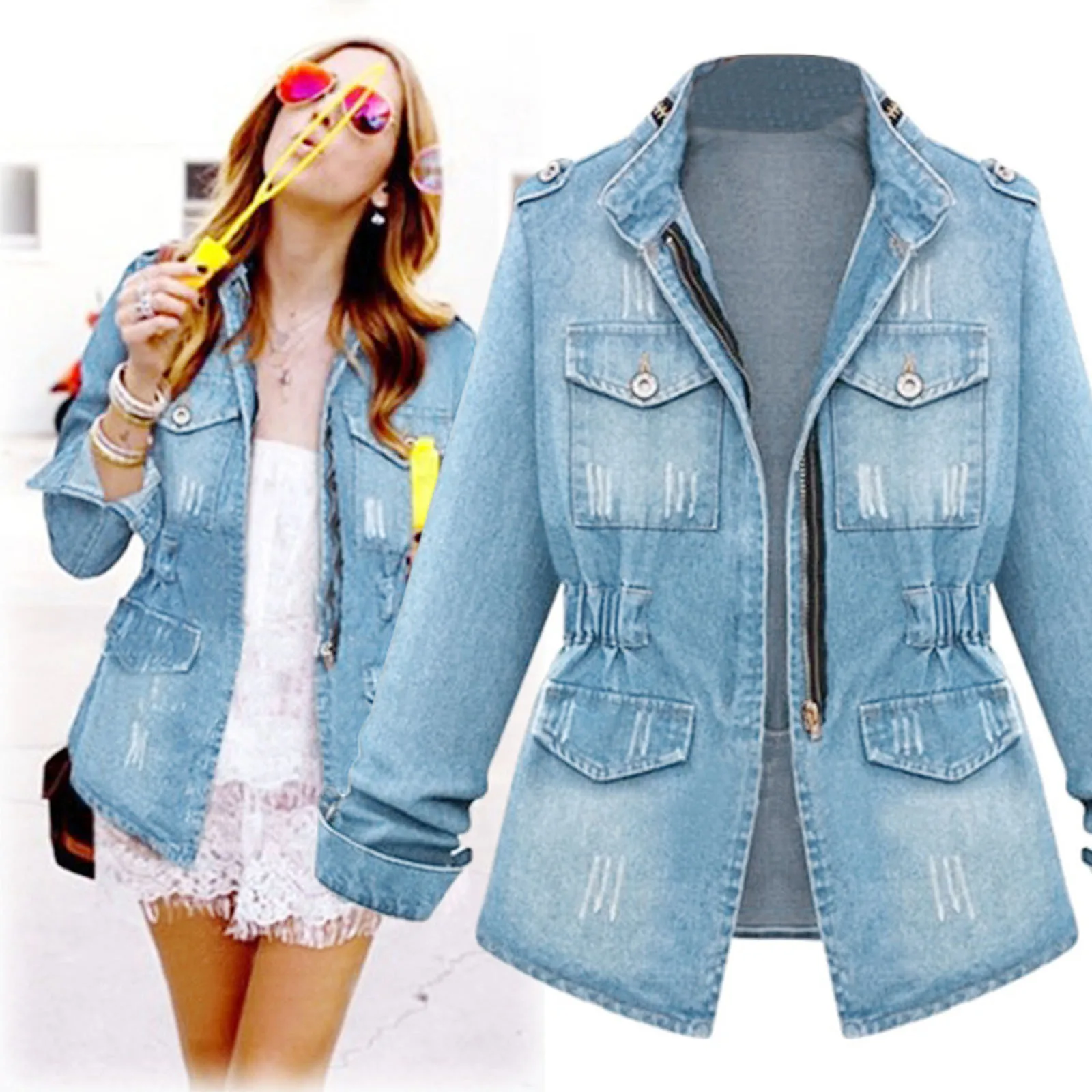 

Womens Denim Jacket Autumn Winter Streetwear Zipper Waist Tunic Denim Coat Vintage Double Pocket Design Outwear Coats For Women