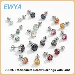 EWYA 100% Real 0.3-2CT Colored Moissanite Screw Earrings for Women S925 Sterling Silver Green Pink Blue Diamond Ear Studs Gift