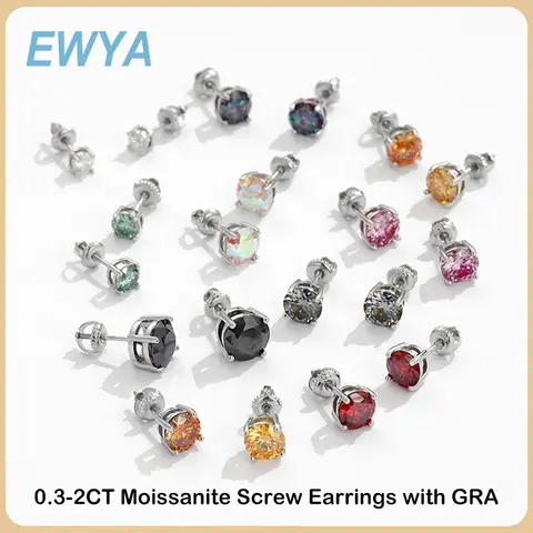 EWYA 100% 진짜 0.3-2CT 컬러 Moissanite 스크류 귀걸이 여성용 S925 스털링 실버 그린 핑크 블루 다이아몬드 귀 스터드 선물