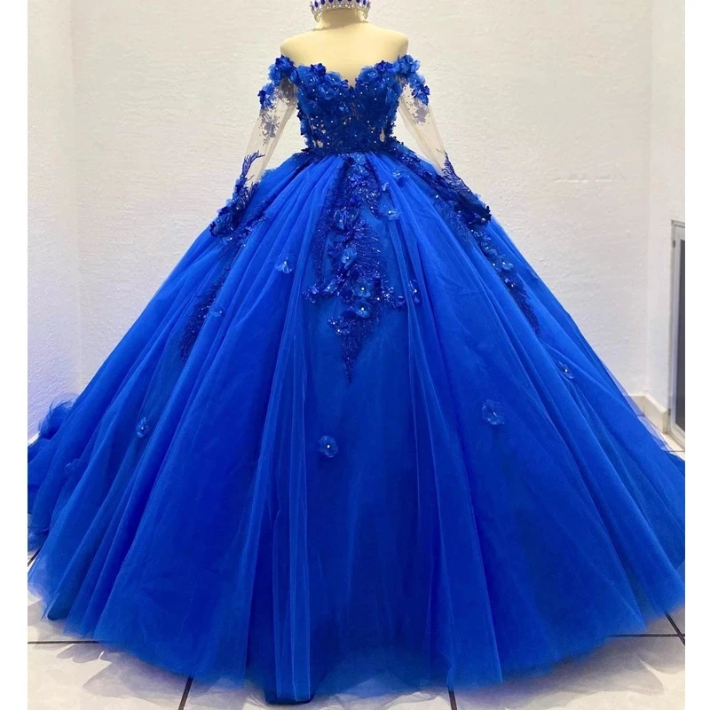 ANGELSBRIDEP Роскошные Королевского синего платья Quinceanera 3D Цветочная аппликация дворцовый шлейф принцесса платье на день рождения 15 лет