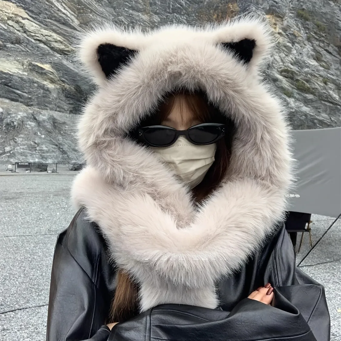 Gorro con orejas de gato de piel sintética, bufanda para mujer y niña, gorro cálido de felpa para invierno, protección para el cuello y las orejas, regalo grueso y cálido para fiesta de año nuevo